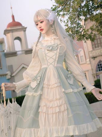 Sweet Lolita Wedding OP Dress Floral Print Light Gray Flowers Bows Lolita  One Piece Dresses 