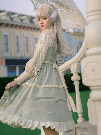 Sweet Lolita JSK Abito verde menta con fiocchi senza maniche Gonne in maglione Lolita con lacci