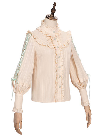 Süße Lolita Blusen Rüschen Schnüren Langarm Bluse Aprikose Lolita Shirt Portrait Hals Lolita Top