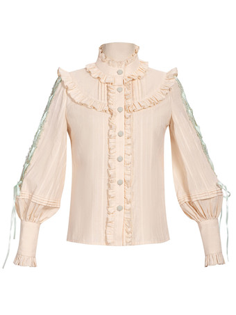 Süße Lolita Blusen Rüschen Schnüren Langarm Bluse Aprikose Lolita Shirt Portrait Hals Lolita Top