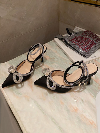 ヒールサンダル ポインテッドトゥ サテンアッパー ポインテッドヒール 女性サンダル ブラック