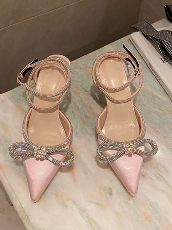 ライトピンクヒールサンダル ポインテッドトゥ サテンアッパー ポインテッドヒール 女性サンダル ブラック