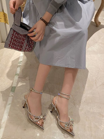 シルバー ヒールサンダル ポインテッドトゥ サテンアッパー ポインテッドヒール 女性サンダル ブラック