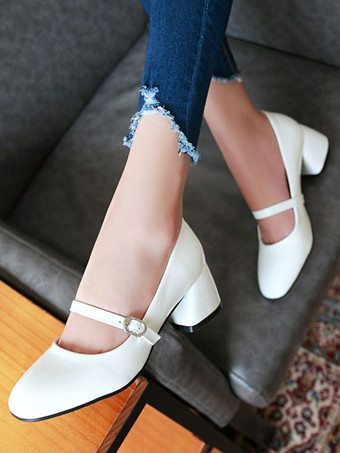 女性レッドミッドローヒールラウンドトゥPUレザープリティパンプスヒールシューズ