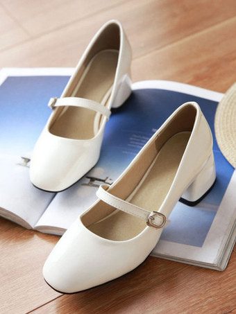 女性レッドミッドローヒールラウンドトゥPUレザープリティパンプスヒールシューズ