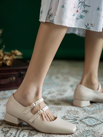 ホワイト 女性ミッドローヒールスクエアトゥパピーヒールブラックスタイリッシュパンプスヒールシューズ