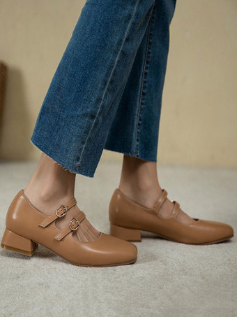 アプリコット女性ミッドローヒールスクエアトゥパピーヒールブラックスタイリッシュパンプスヒールシューズ