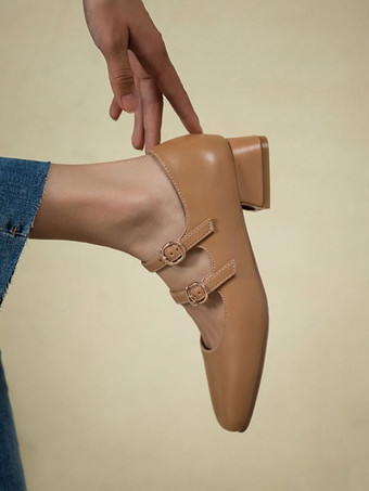 女性ミッドローヒールスクエアトゥパピーヒールブラックスタイリッシュパンプスヒールシューズ