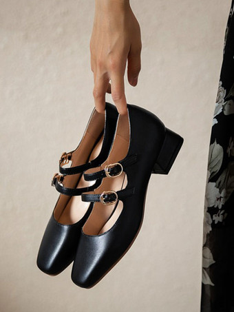 女性ミッドローヒールスクエアトゥパピーヒールブラックスタイリッシュパンプスヒールシューズ