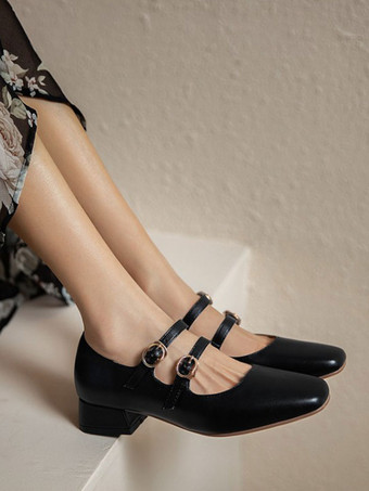 女性ミッドローヒールスクエアトゥパピーヒールブラックスタイリッシュパンプスヒールシューズ