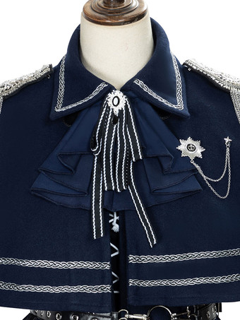 ゴシックロリータミリタリースタイルロリータコートディープネイビークルーネック長袖ポリエステルロリータケープコート