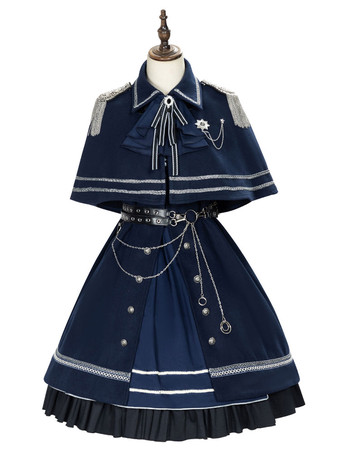ゴシックロリータミリタリースタイルロリータコートディープネイビークルーネック長袖ポリエステルロリータケープコート