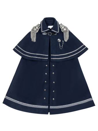 ゴシックロリータミリタリースタイルロリータコートディープネイビークルーネック長袖ポリエステルロリータケープコート