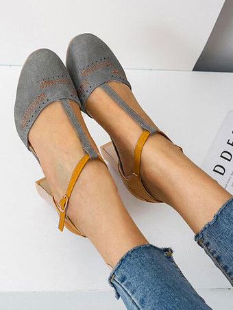 女性グレーTストラップヒールラウンドトゥチャンキーヒールパンプス