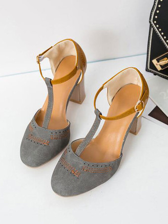女性グレーTストラップヒールラウンドトゥチャンキーヒールパンプス