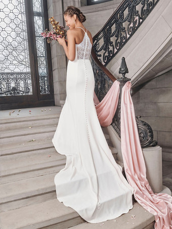 アイボリーシンプルなウェディングドレスマーメイドジュエルネックノースリーブストレッチクレープレーストレインブライダルドレス