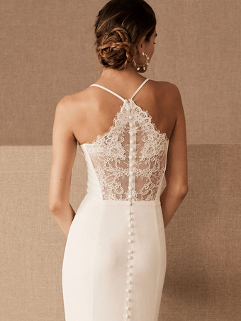 アイボリーシンプルなウェディングドレスマーメイドジュエルネックノースリーブストレッチクレープレーストレインブライダルドレス