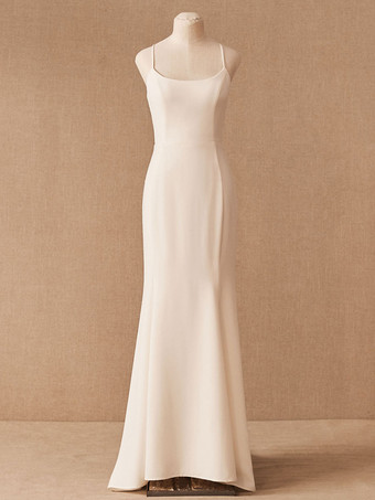 アイボリーアイボリーシンプルなウェディングドレスマーメイドジュエルネックノースリーブストレッチクレープレーストレインブライダルドレス