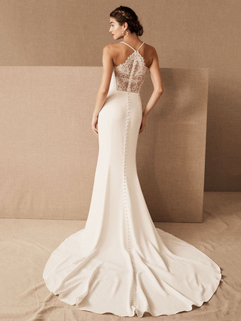 アイボリーシンプルなウェディングドレスマーメイドジュエルネックノースリーブストレッチクレープレーストレインブライダルドレス