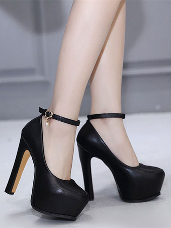 女性の厚底パンプスブラックアーモンドつま先チャンキーヒールバックルPUレザー厚底パンプス