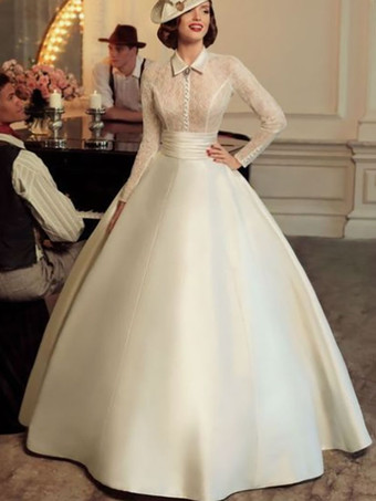Vintage Brautkleid elfenbeinfarbe Brautkleider Prinzessin Satingewebe Langarm Vintage Hochzeitskleid
