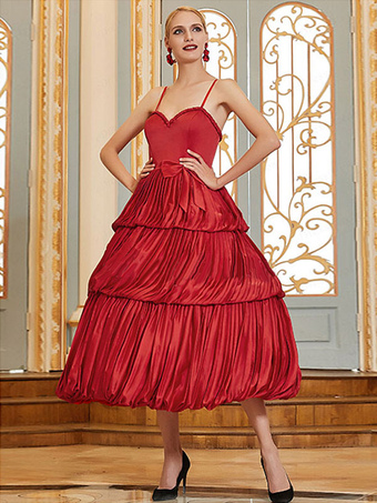 サテンティー長さのプリーツフォーマルパーティードレスのようなイブニングドレス赤いボールガウン恋人の弾性シルク