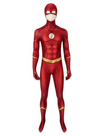 Il costume cosplay di Flash Barry Allen rosso da supereroi in poliestere per uomo