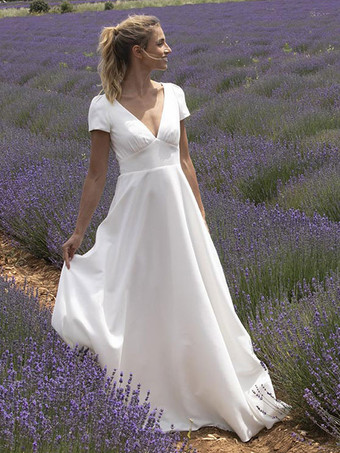 A Linie Brautkleid Weiß Beach Brautkleider Elastische Kunstseide V-Ausschnitt Kurzarm A Linie Hochzeitskleid