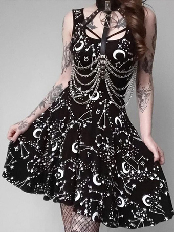 Women Gothic Cami Dress Black Lace Up U Neck Sleeveless Sexy Polyester Tunic Midi Dress