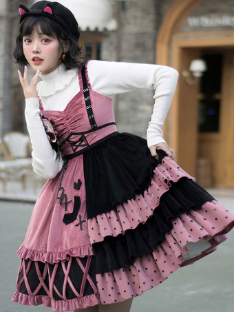 Sweet Lolita Outfits Conjunto de 3 piezas Lazos negros Volantes Cuello redondo Mangas largas Falda de jersey Lolita