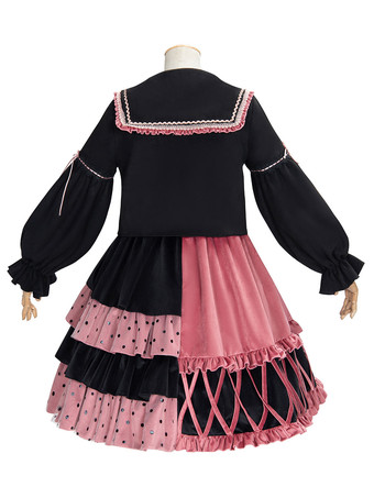 甘いロリータ衣装3点セットブラックボウフリルクルーネック長袖ロリータジャンパースカート