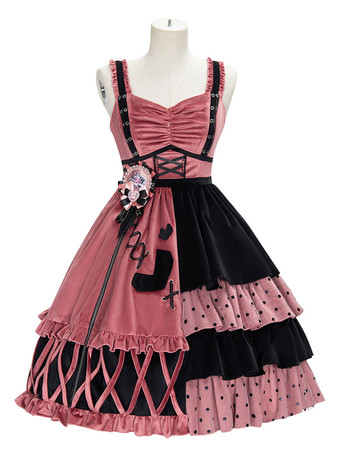 甘いロリータ衣装3点セットブラックボウフリルクルーネック長袖ロリータジャンパースカート