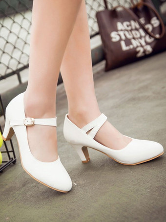 Mid-Low Heels für Frauen-klassische runde Zehe Welpen-Fersenband einstellbare glamouröse Schnalle weiße Pumps & Fersen