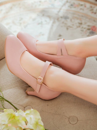 ピンク女性クラシックな丸いつま先の子犬ヒールストラップ調節可能な魅力的なバックルホワイトポンプ＆ヒール