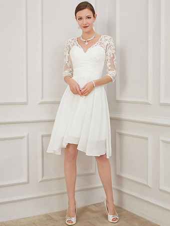 Ivory Short Wedding Dress Knee Length V-Neckline Half Sleeves A-Line Chiffon Bridal Dresses Free Customization