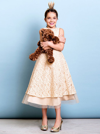 Robes cortège enfant Champagne Golden cousu en dentelles sans manches A Line Lace Kids Party Dresses