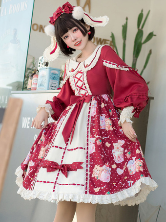 Sweet Lolita OP Dress Lace Up Bowknot Mangas largas Ture Red Lolita Vestidos de una pieza Falda de salto
