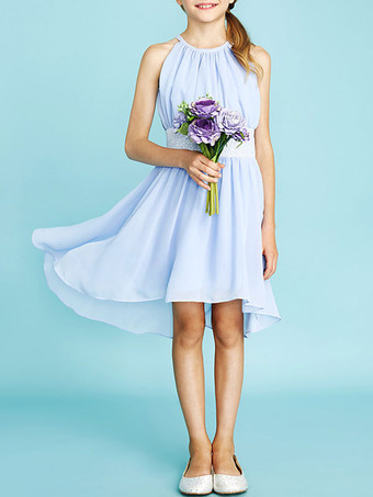Vestido de menina flor azul celeste Jewel Neck Chiffon sem mangas Short A Line vestidos de festa infantil plissados