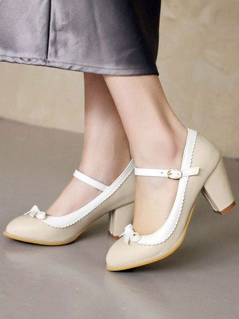 アプリコットエレガントパンプス ミッドローヒール ラウンドトゥ レースアップ チャンキーヒール レディース PUレザー レッド