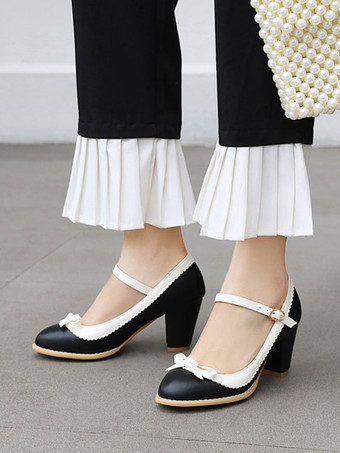 ブラック エレガントパンプス ミッドローヒール ラウンドトゥ レースアップ チャンキーヒール レディース PUレザー レッド