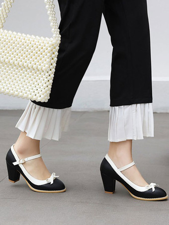 エレガントパンプス ミッドローヒール ラウンドトゥ レースアップ チャンキーヒール レディース PUレザー レッド