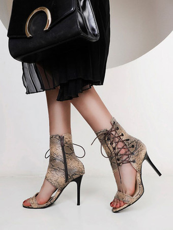 アプリコットレディースブラックヒールサンダルPUレザースネークスキングレインレースアップスティレットヒール