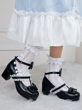 Zapatos de Lolita blancos Zapatos de tacón de Lolita de cuero PU con punta redonda