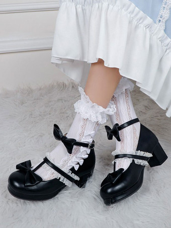negro Zapatos de Lolita blancos Zapatos de tacón de Lolita de cuero PU con punta redonda