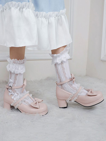RosaZapatos de Lolita blancos Zapatos de tacón de Lolita de cuero PU con punta redonda