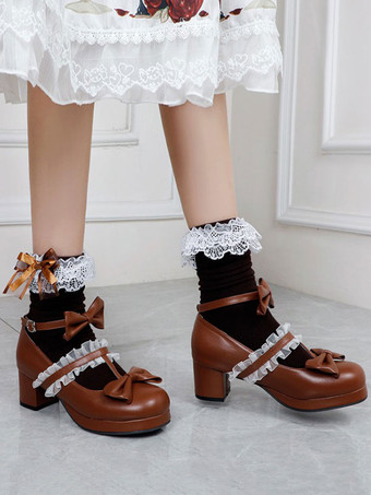MarrónZapatos de Lolita blancos Zapatos de tacón de Lolita de cuero PU con punta redonda