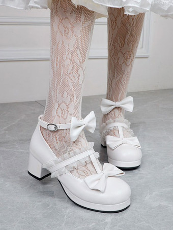 Zapatos de Lolita blancos Zapatos de tacón de Lolita de cuero PU con punta redonda