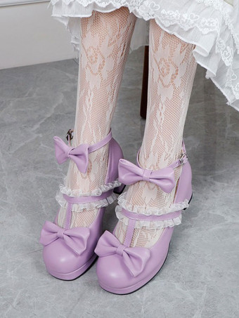 VioletaZapatos de Lolita blancos Zapatos de tacón de Lolita de cuero PU con punta redonda