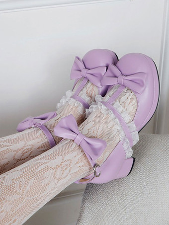 Zapatos de Lolita blancos Zapatos de tacón de Lolita de cuero PU con punta redonda