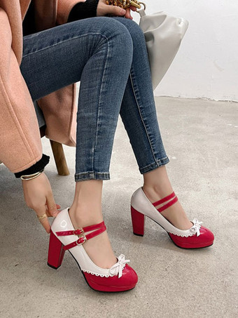 甘いロリータシューズレッドラウンドトゥPUレザーロリータシューズ